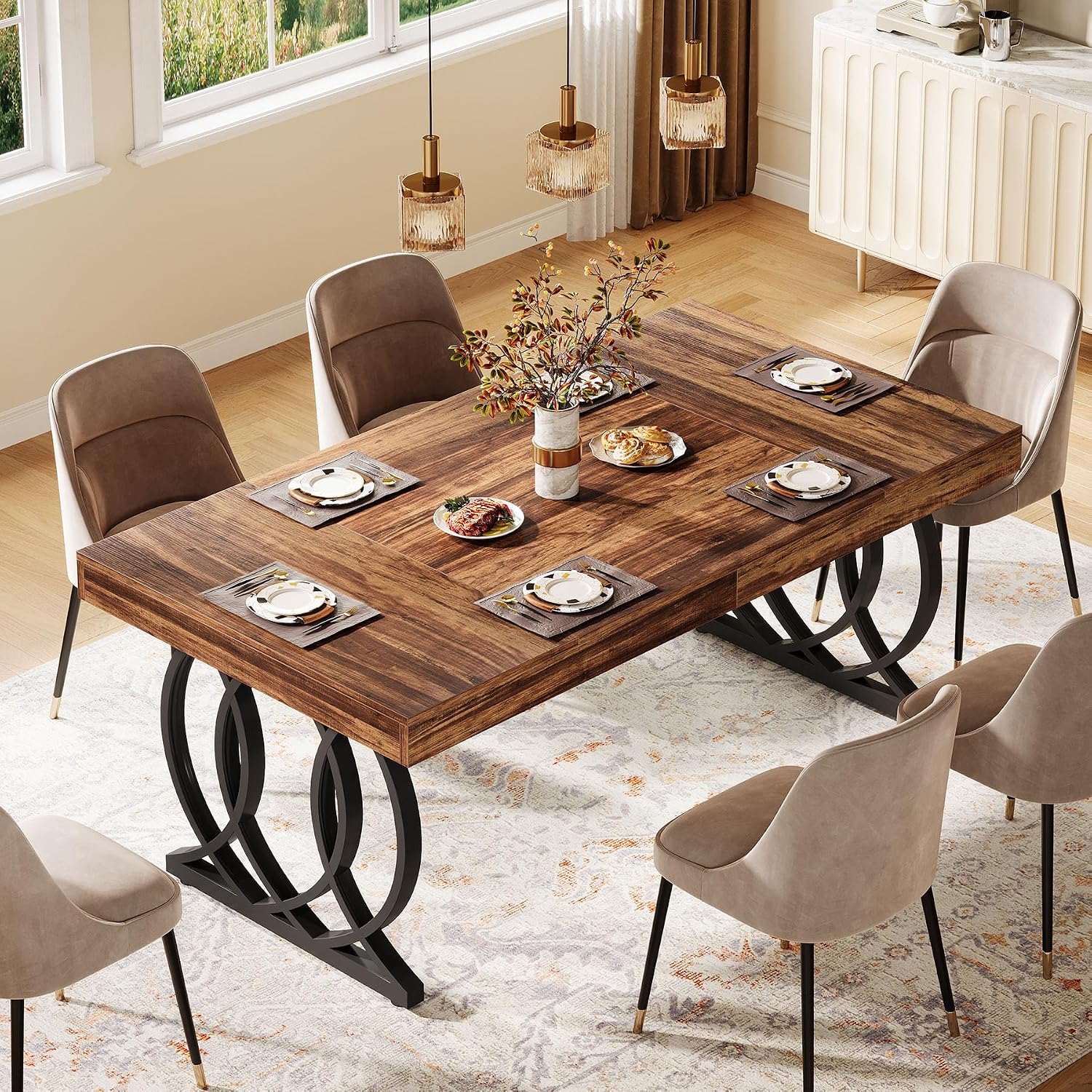 Tribesigns 63-Inch Dining Table for 4-6, Modern Kitchen Table with Faux Marble Tabletop and Geometric Legs, Rectangle Dining Room Furniture for Living Room, Kitchen, Rustic Brown and Black