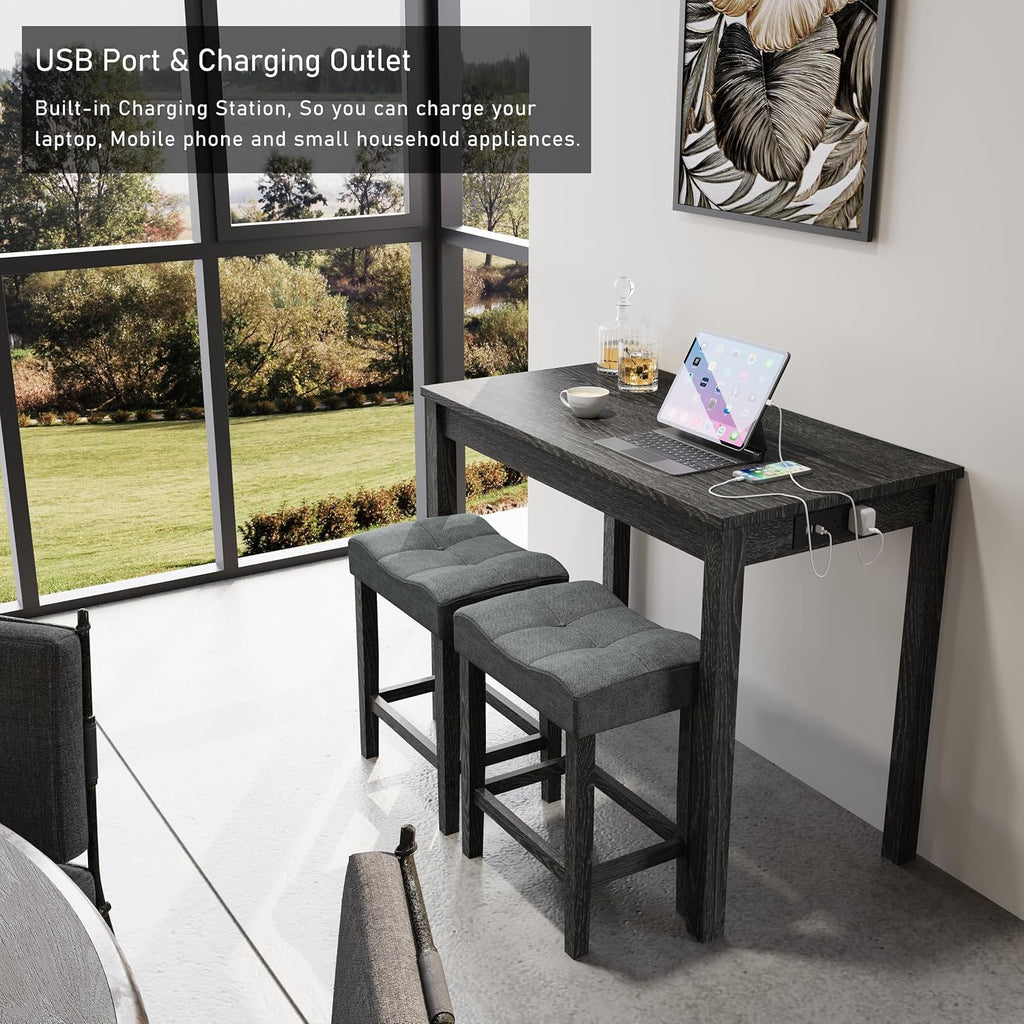 allamazing 3-Piece Counter Height Bar Table Set with Socket and 2 Fabric Padded Bar Stools, Tall Kitchen Breakfast Dining Table Set with Stools (1+2 Black)