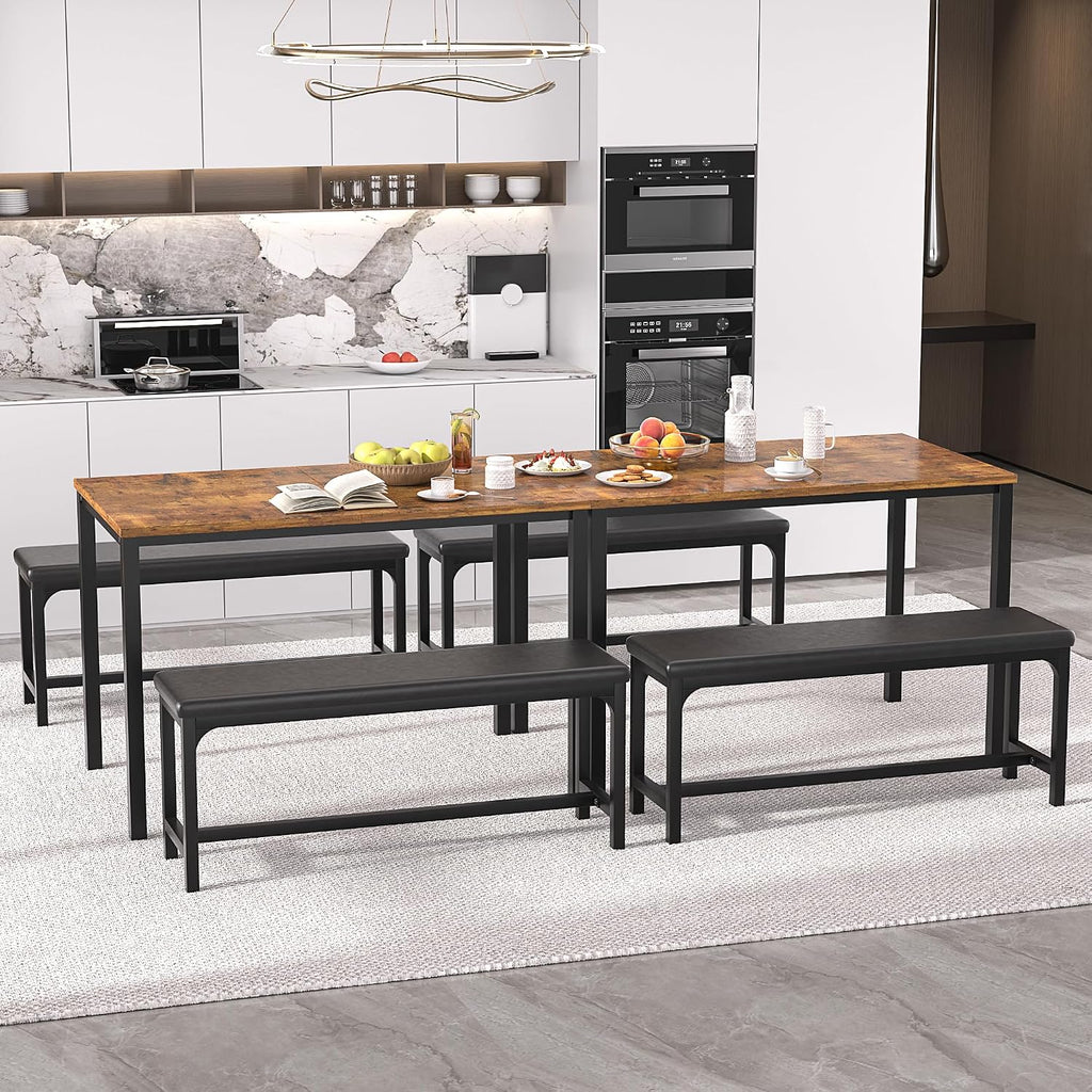 VECELO 3-Piece 63' Extendable Kitchen Table with Benches/Chairs, Modern Breakfast Dinette/Dining Room Set for 4/6/2, Small Space Saving Design, Easy Assembly