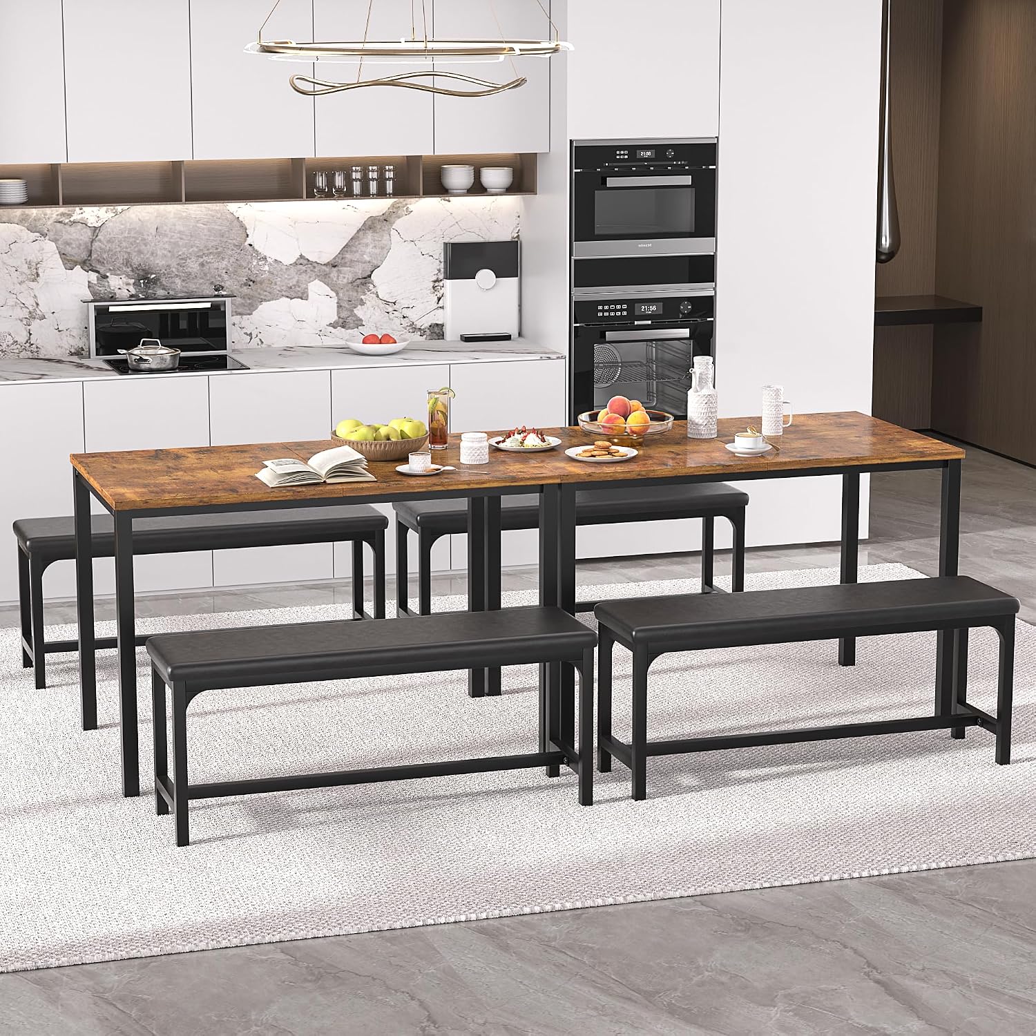 VECELO 3-Piece 63' Extendable Kitchen Table with Benches/Chairs, Modern Breakfast Dinette/Dining Room Set for 4/6/2, Small Space Saving Design, Easy Assembly