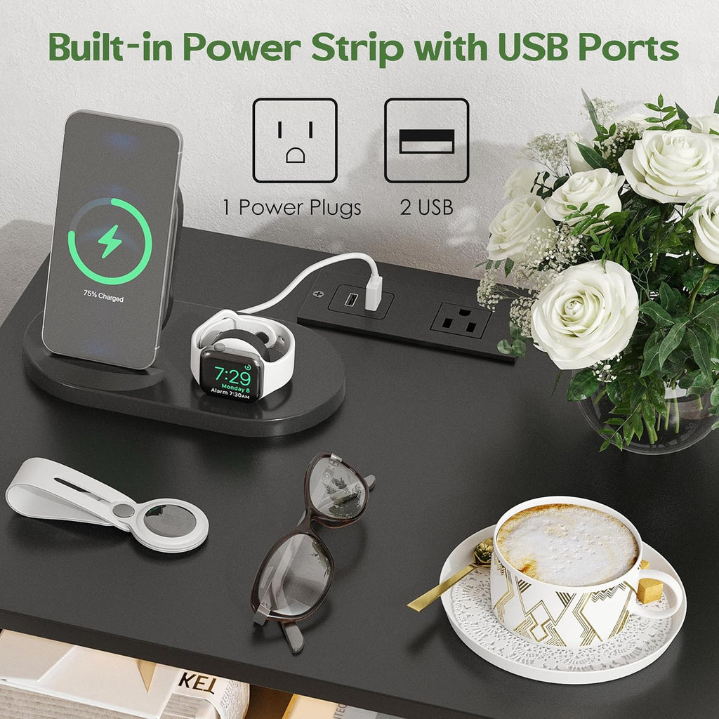 Nightstand Set of 2 Bedside Table with Charging Station & LED Lights Wood Side Table with 2 Drawers Black End Table for Bedroom Living Room