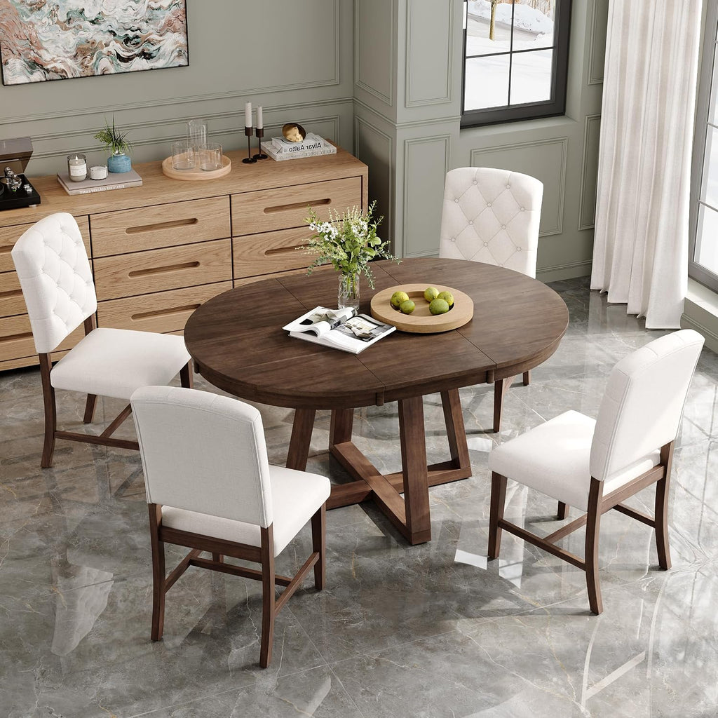 Bellemave 5-Piece Dining Table Set, Extendable Round Dining Table with 16' Removable Leaf, 4 Upholstered Button Tufted Chairs, Acacia Veneer Tabletop (Walnut)