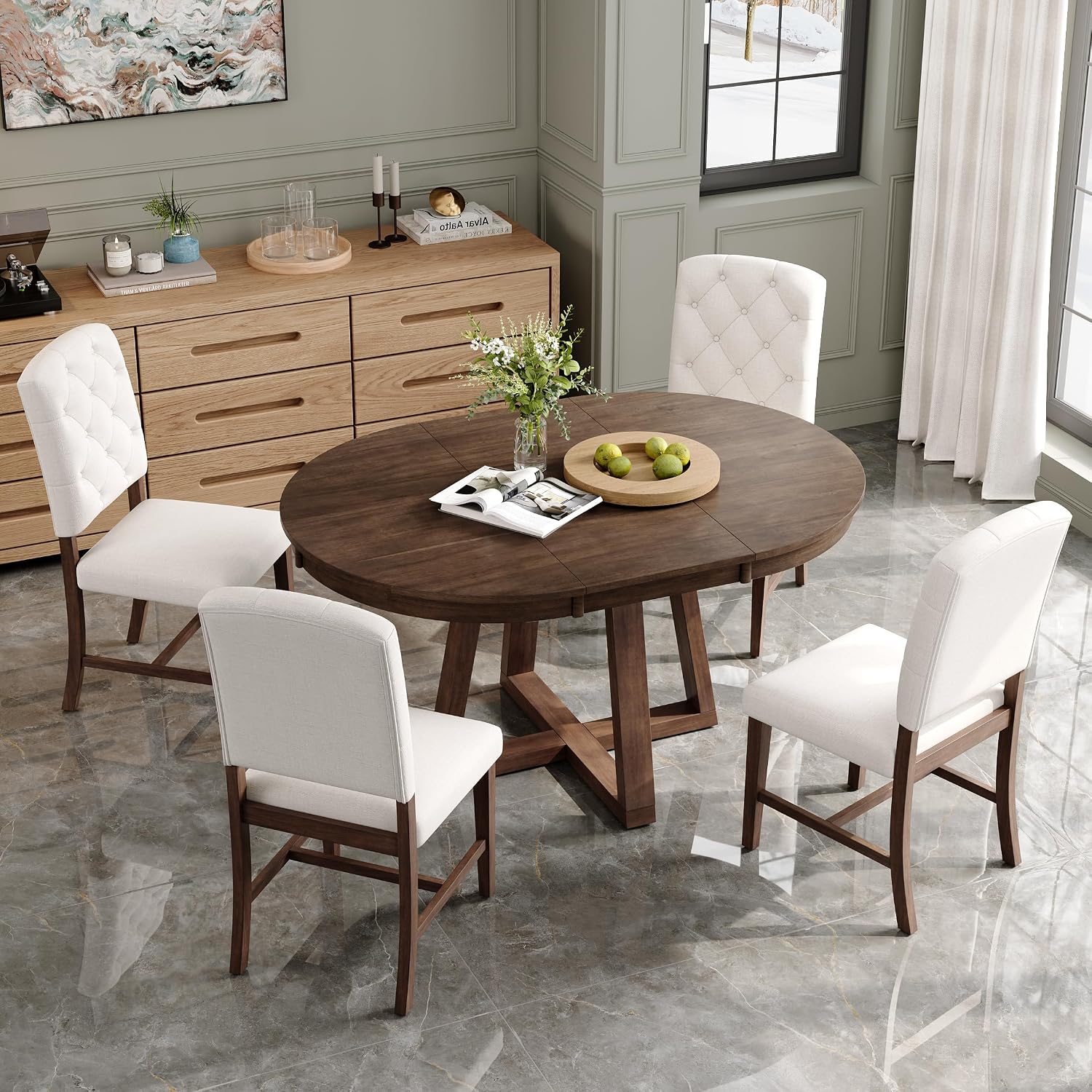 Bellemave 5-Piece Dining Table Set, Extendable Round Dining Table with 16' Removable Leaf, 4 Upholstered Button Tufted Chairs, Acacia Veneer Tabletop (Walnut)