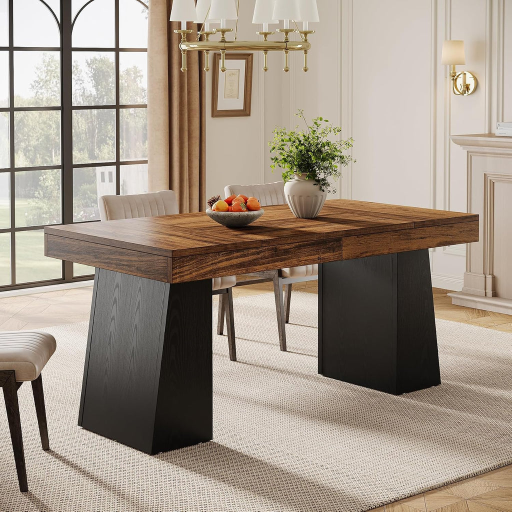 Tribesigns 55-Inch Dining Room Table for 4, Mid-Century Modern Dining Table with Double Pedstral, Rectangular Wood Kitchen Dinner Tables for Dining Room, Kitchen, Home, Black & Brown (Only Table)