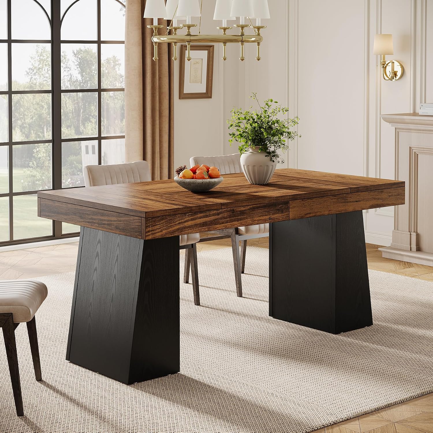 Tribesigns 55-Inch Dining Room Table for 4, Mid-Century Modern Dining Table with Double Pedstral, Rectangular Wood Kitchen Dinner Tables for Dining Room, Kitchen, Home, Black & Brown (Only Table)