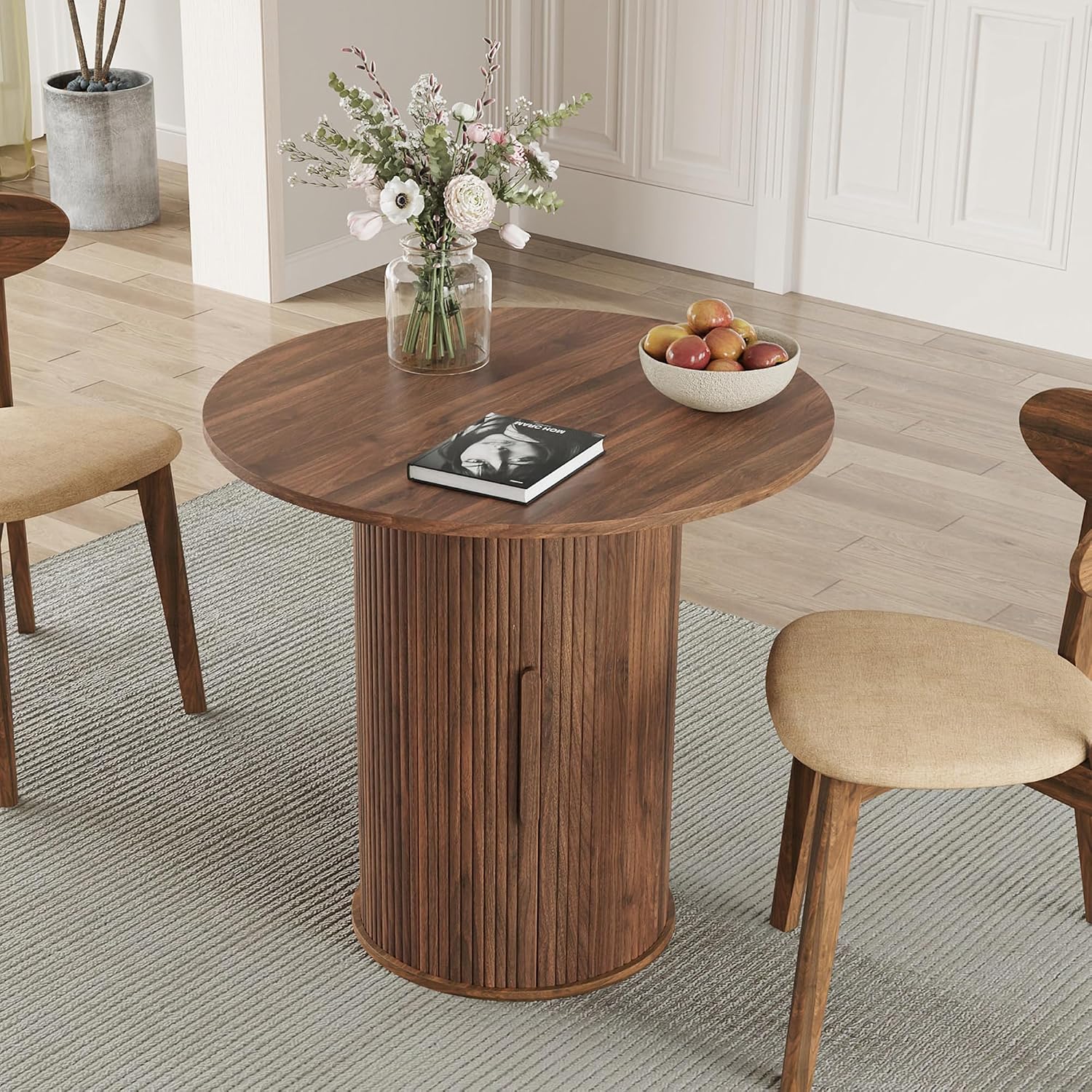 31.5' Round Dining Table for 2-4, Modern Farmhouse Kitchen Table with 2-Tier Storage Shelf, Small Wooden Circle Dining Tables with Fluted Base for Home Dining Room Living Room (Walnut)