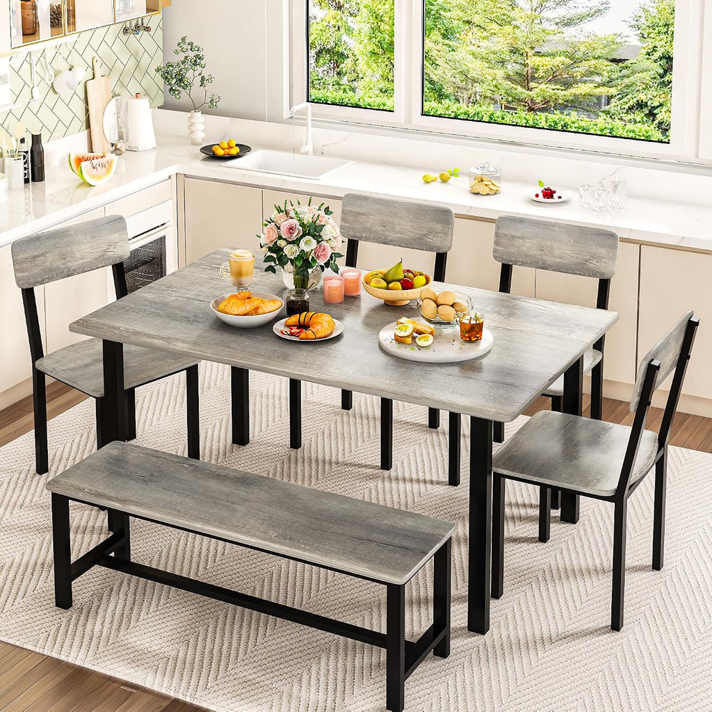 AWQM 6-Piece Dining Set, Modern Dining Table Set for 4-6,Kitchen Table Set with Chairs and Bench,Dining Room Table Set with Metal Frame & MDF Board, Table & Chairs Set for Small Space,Apartment,Grey