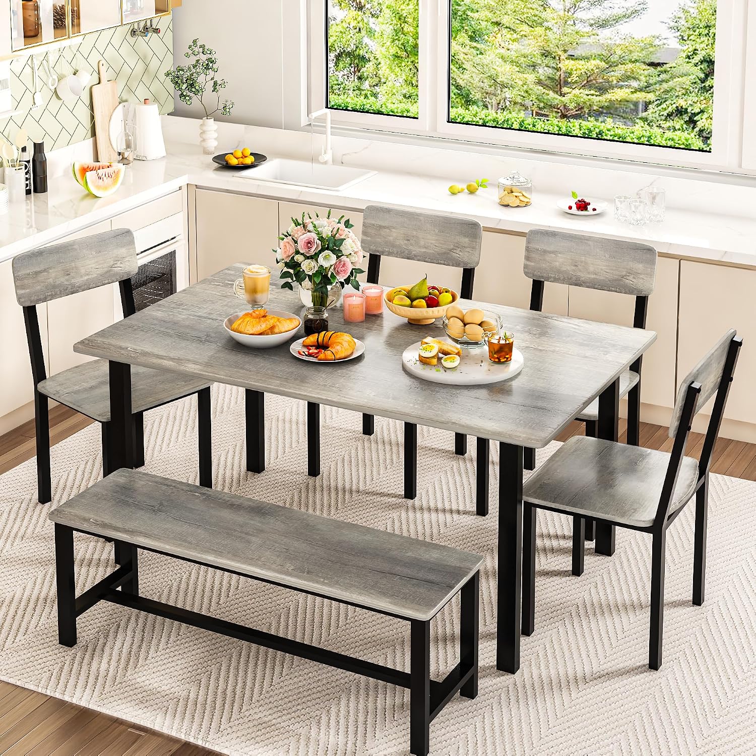 AWQM 6-Piece Dining Set, Modern Dining Table Set for 4-6,Kitchen Table Set with Chairs and Bench,Dining Room Table Set with Metal Frame & MDF Board, Table & Chairs Set for Small Space,Apartment,Grey