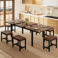 Einhomn 7-Piece Dining Table Set, 63' Extendable Kitchen Room Table with 6 Stools, Mid Century Modern Dinner Table with Metal Frame & MDF Board, Space-Saving, Easy Assembly, Walnut