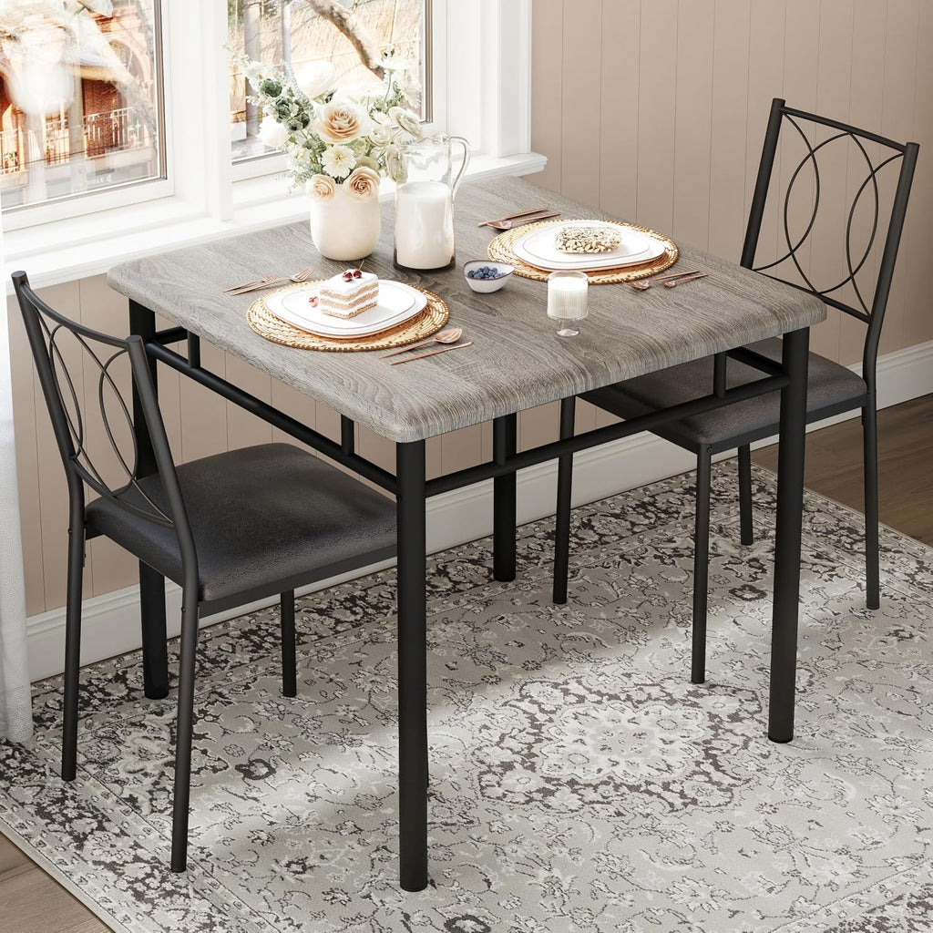 Garvee Dining Table Set for 2, Small Kitchen Table with Upholstered Chairs, Farmhouse Wood Dining Table Chairs for Kitchen Room, Small Spaces, Apartment, Grey