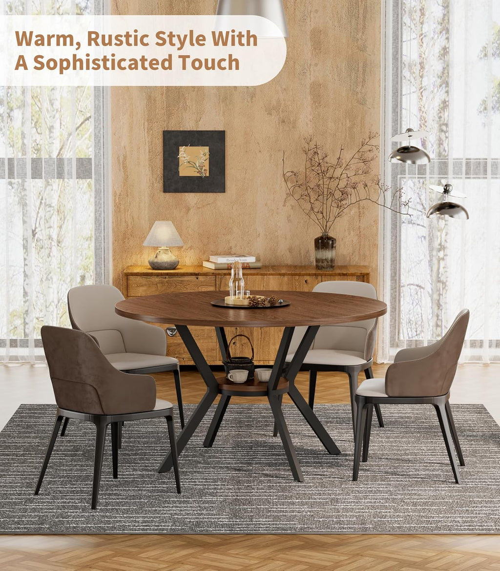 42' Round Dining Table for 4, Farmhouse Kitchen Table with Storage, Space Saving Circle Dinner Table, Rustic Wood Kitchen & Dining Room Tables with Metal Legs for Kitchen, Living Room, Dining Room