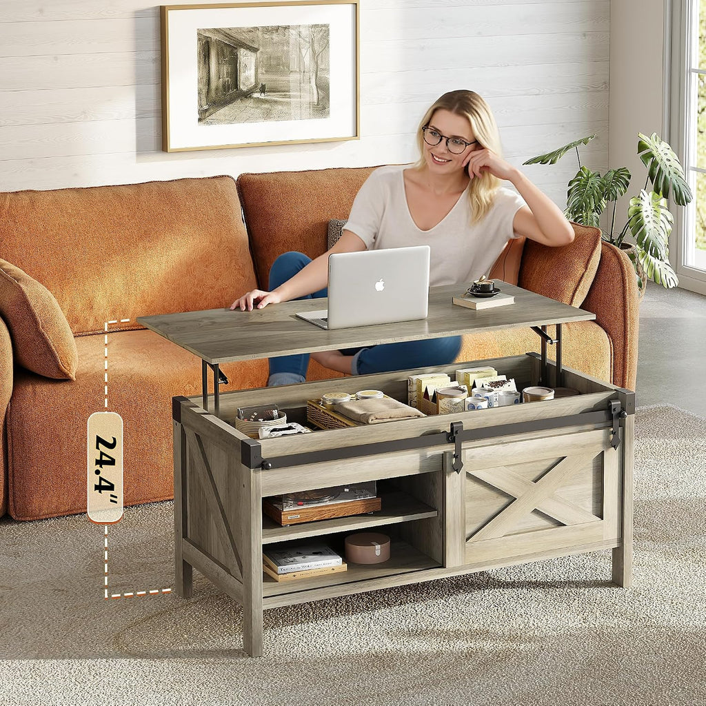 WLIVE Lift Top Coffee Table, 39.4' Farmhouse Coffee Table with Large Hidden Storage Compartment, Sliding Barn Doors, Modern Wood Center Table for Living Room, Office, Grey