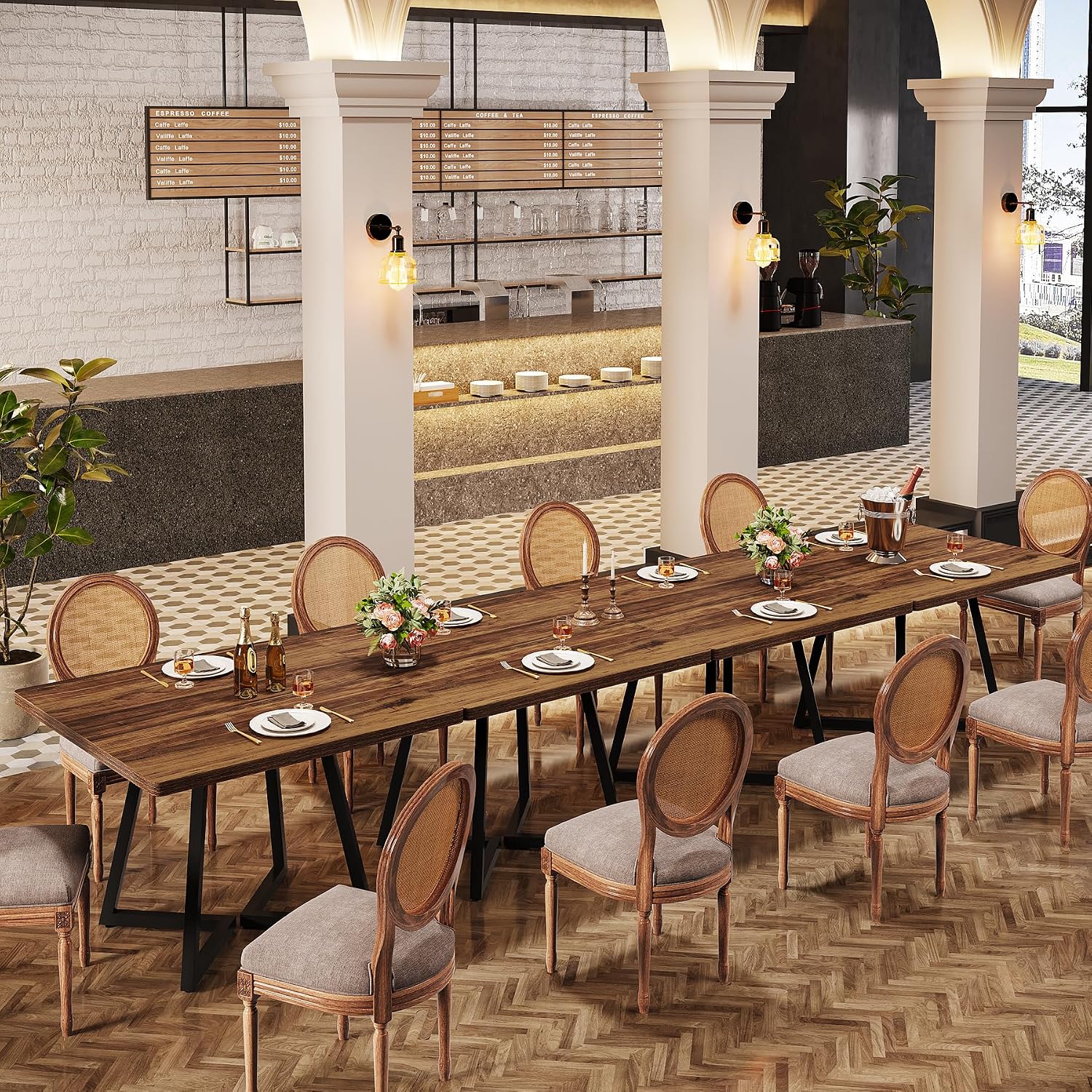 Tribesigns Square Commercial Dining Table Set of 6, 31.5' Heavy Duty Dinner Table with Metal Base, Wooden Kitchen Table for Restaurant, Cafe, Bakery, School, Apartment, Rustic Brown & Black