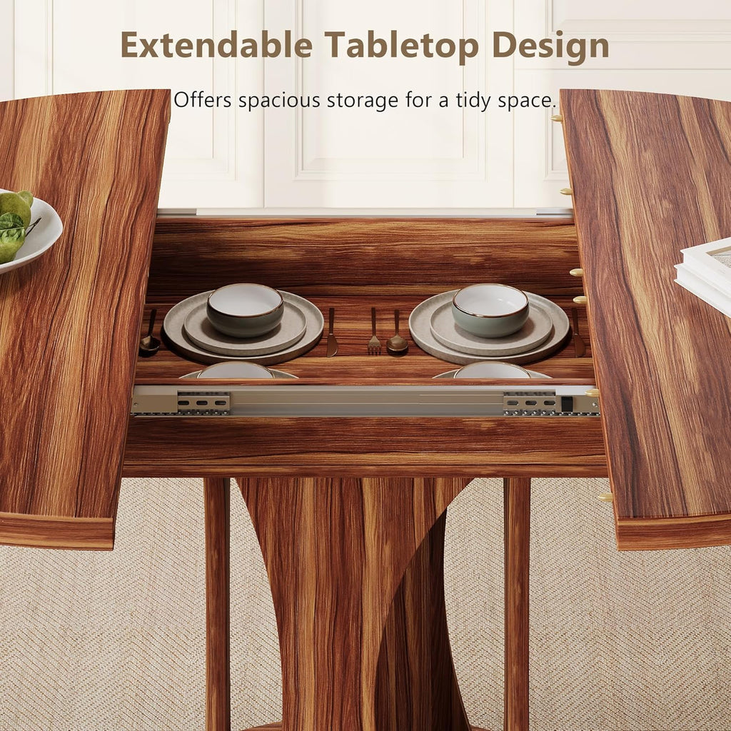 Einhomn 59' Extendable Round Dining Table for 6-8, Kitchen Table with Sturdy Double Arc Base & Backboard Clasp Desktop, Mid-Century Modern Dinner Table, Kitchen Dining Room, Space Saving, Walnut
