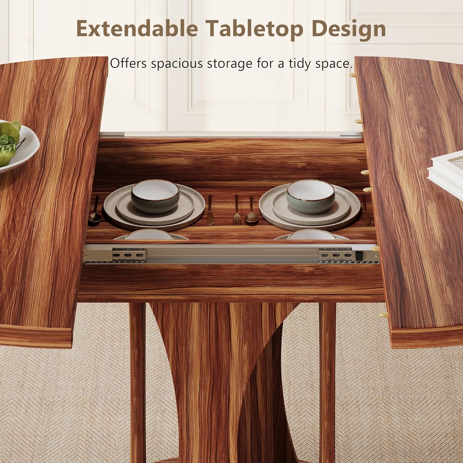 Einhomn 59' Extendable Round Dining Table for 6-8, Kitchen Table with Sturdy Double Arc Base & Backboard Clasp Desktop, Mid-Century Modern Dinner Table, Kitchen Dining Room, Space Saving, Walnut