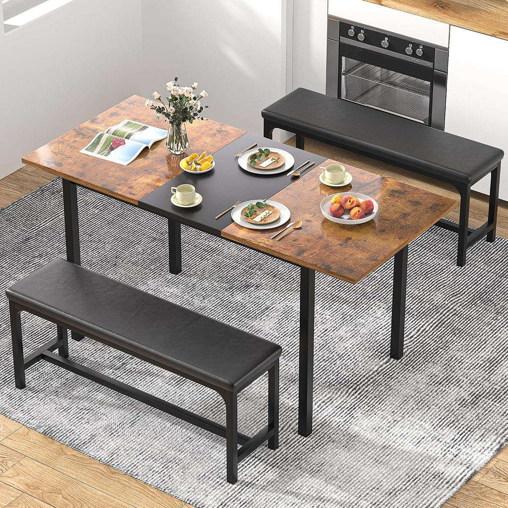 VECELO 3-Piece 63' Extendable Kitchen Table with Benches/Chairs, Modern Breakfast Dinette/Dining Room Set for 4/6/2, Small Space Saving Design, Easy Assembly