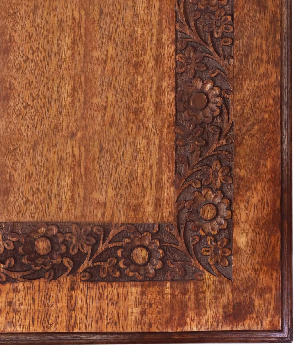 COTTON CRAFT Solid Wood Coffee Table – Hand Carved Center Table with Foldable Legs – Decorative Table for Living Room Small Spaces Entryway Bedroom - No Tools Assembly - 30 x 20 x 18 - Antique Brown