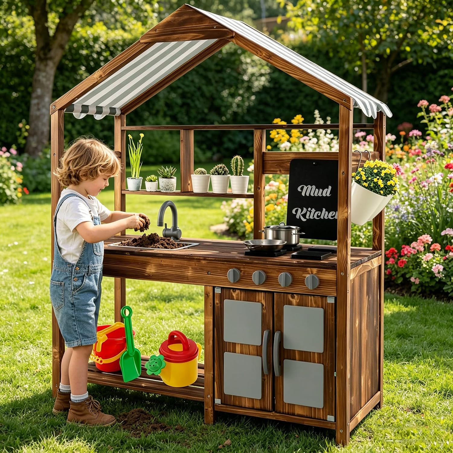 HONEY JOY Mud Kitchen with Canopy, Fir Wood Play Kitchen for Toddlers, Garden Sink, Stoves, Chalkboard, Storage Cabinet, Flowerpot, Outside Kitchen Playset, Mud Kitchen for Kids Outdoor Backyard
