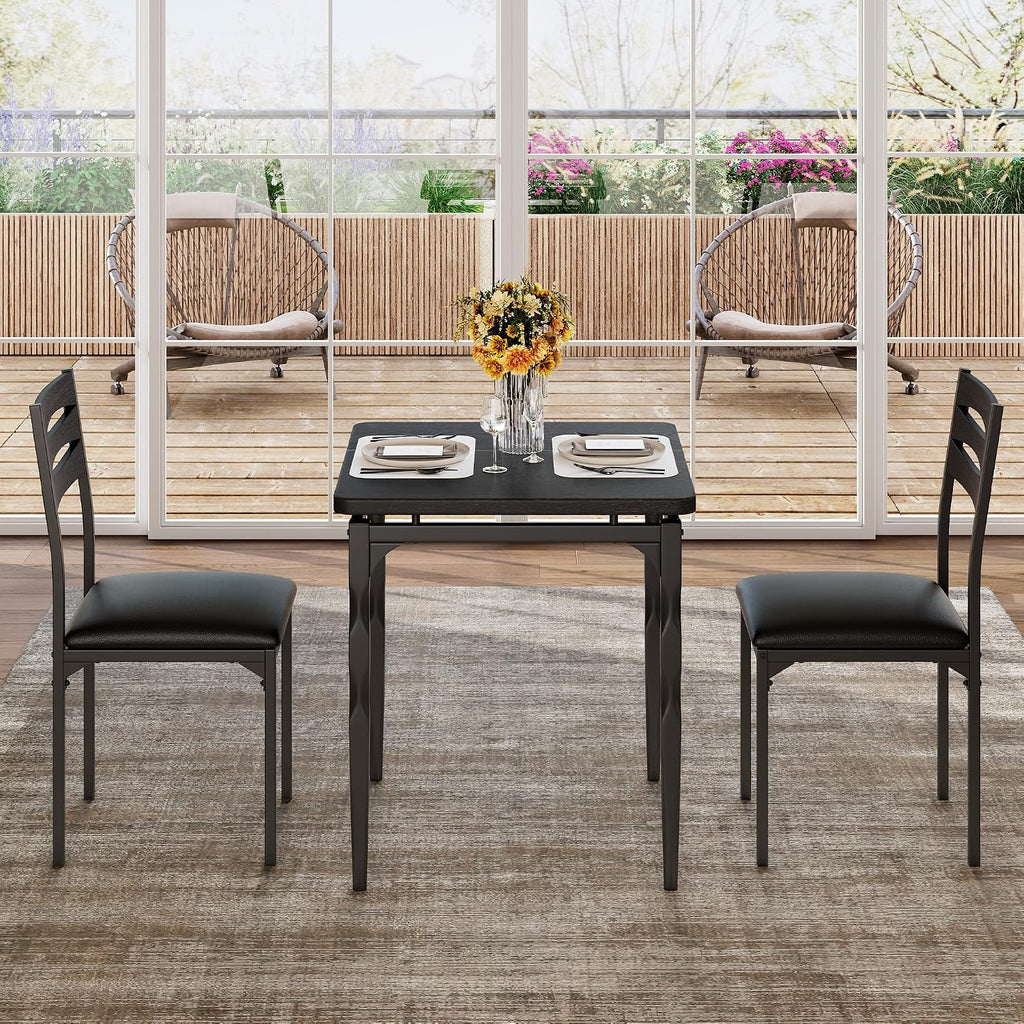 GarveeHome Dining Table Set for 2, Dining Table and Chairs Set of 2, 3 Piece Dining Table Set with Spiral Table Legs for Small Spaces, Kitchen, Apartment, Black