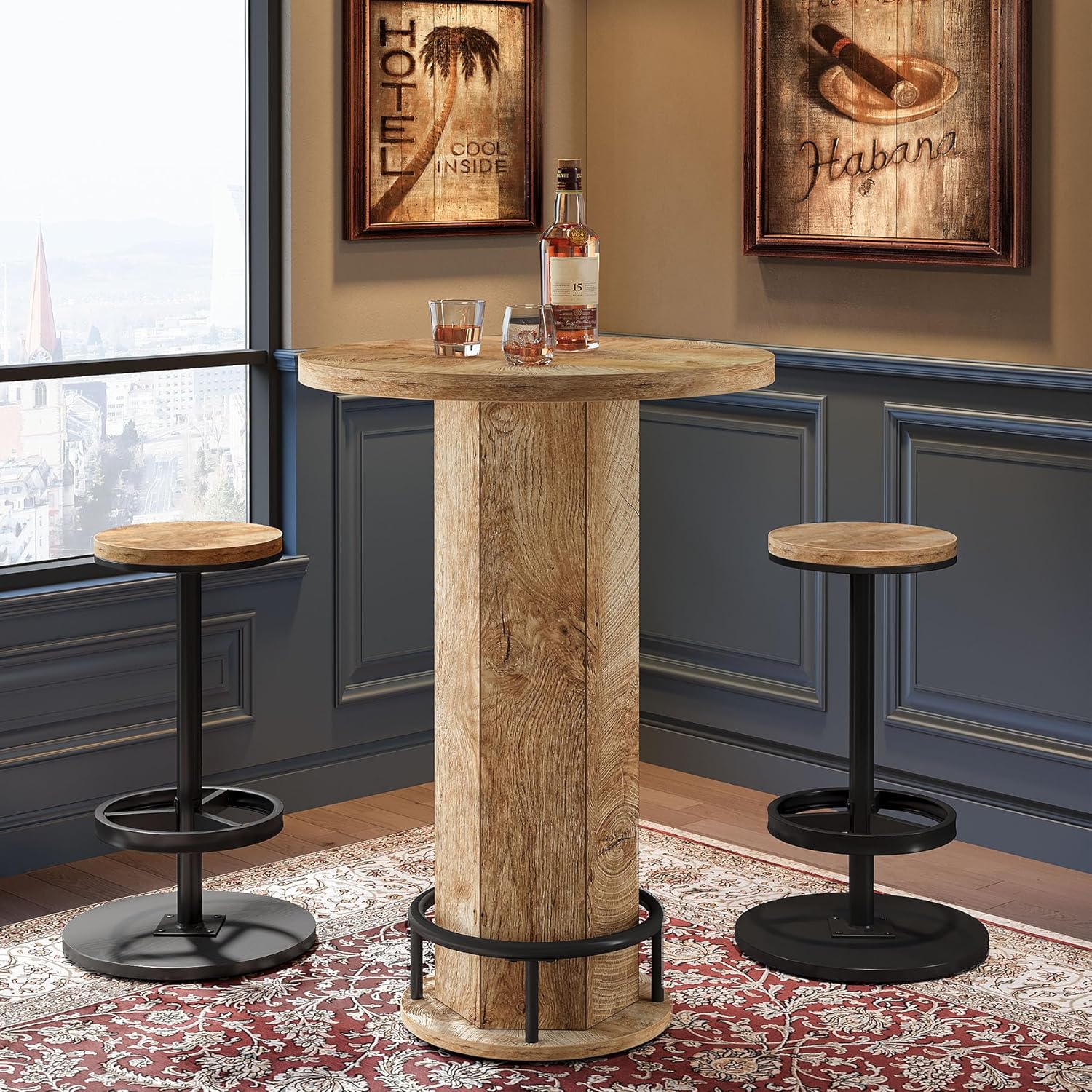 Tribesigns Round Bar Table with Chairs, Industrial Bistro Sets with 2 barstools, Pub Cocktail Table with Metal Ring Footrest for Kitchen Nook, Apartment, Small Space