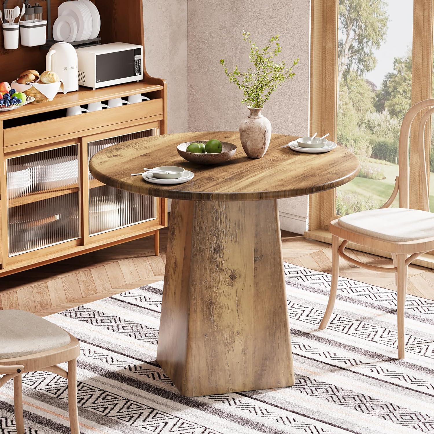 Tribesigns 31.5-Inch Round Dining Room Table for 2-4, Farmhouse Small Kitchen Dinner Table with Square Base for Dining Room Living Room, Rustic Brown