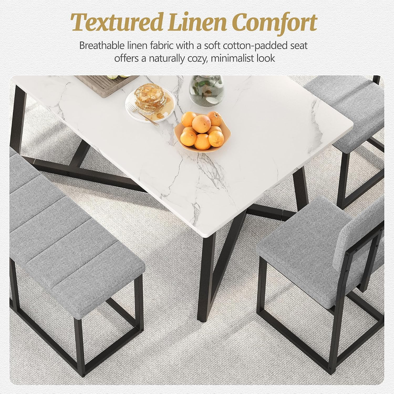 6-Piece Dining Room Set for 6, Faux Marble 51.18'' Dining Room Table with Linen Chairs & Bench, Sturdy Modern Kitchen Table and Chairs Set for Small Spaces