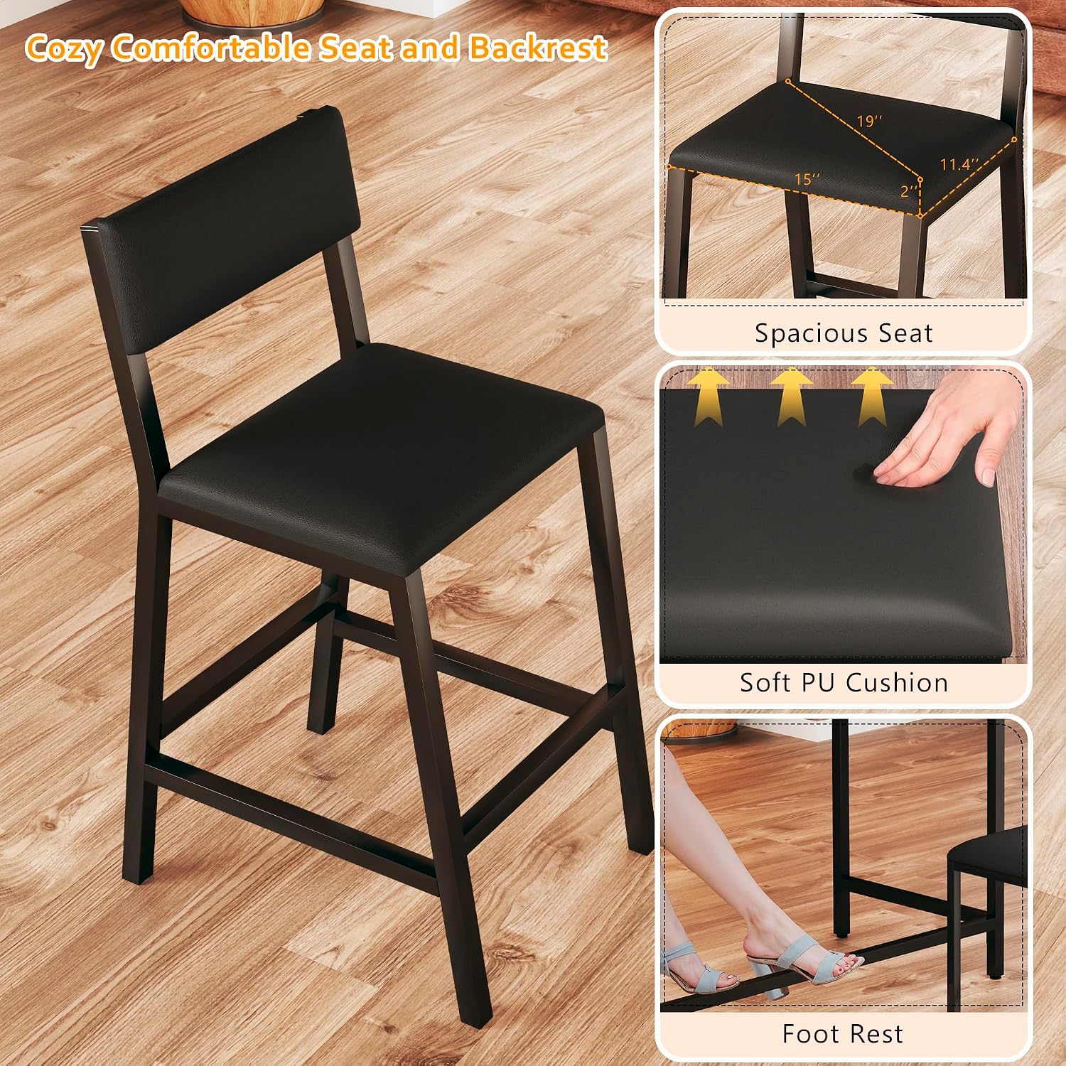 Bar Table and Chairs Set, 3 Piece Convertible L-Shaped Kitchen Table with 2 PU Leather Bar Stools, 63'' Counter Height Small Dining Table with Power Outlets, Space Saving, Breakfast Nook Corner, Black