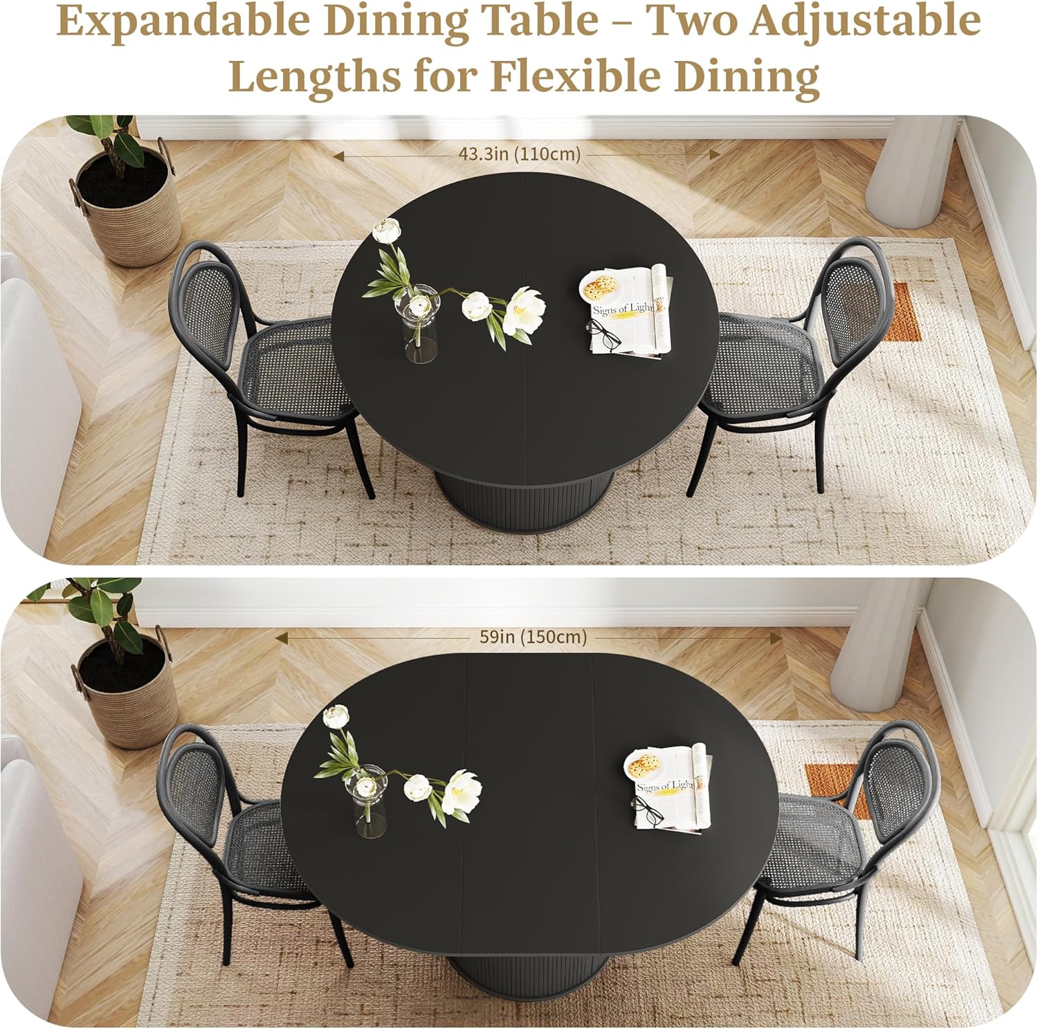weselon 43'-59' Extendable Round to Oval Dining Table with Hidden Storage, Modern Wooden Kitchen Table with Fluted Sliding Door Cabinet, Expandable Dinner Table for Dining Room Living Room (Black)