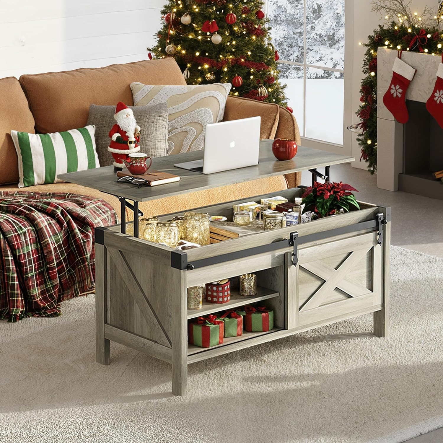 WLIVE Lift Top Coffee Table, 39.4' Farmhouse Coffee Table with Large Hidden Storage Compartment, Sliding Barn Doors, Modern Wood Center Table for Living Room, Office, Grey