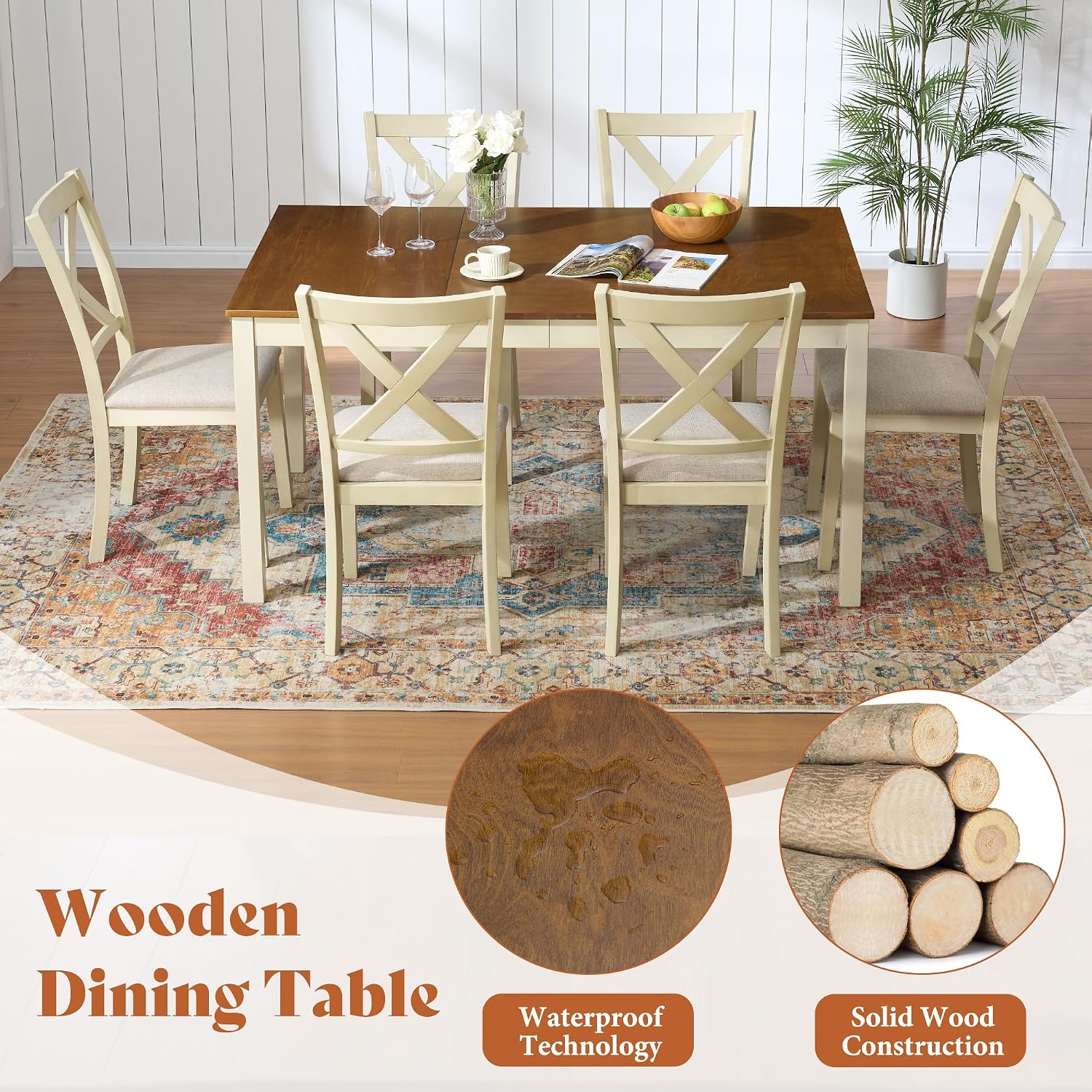 AMERLIFE 7-Piece Farmhouse Solid Wood Dining Table Set with 6 Upholstered Chairs, 60' Space Saving Dinner Table & Chairs Set, for Dining Room, Kitchen, Restaurant, Rustic Cream