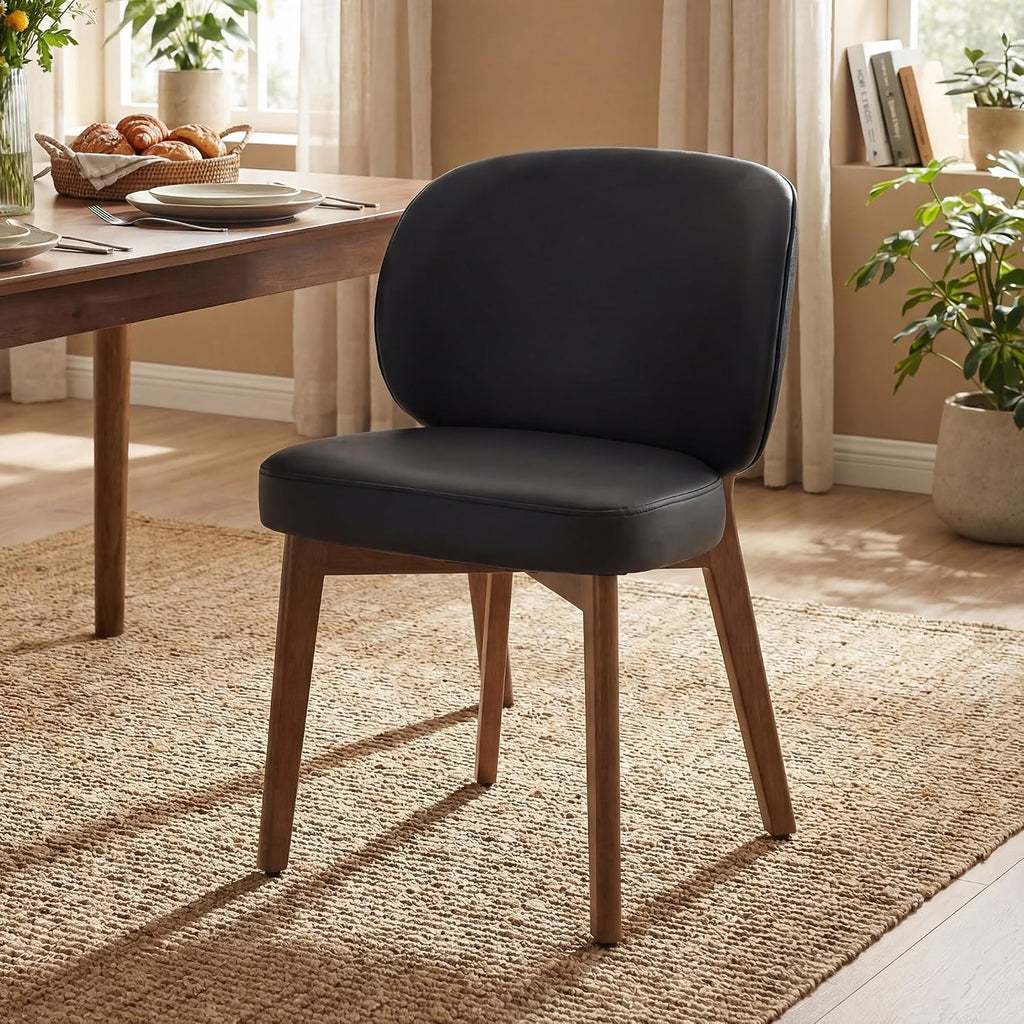 YOUNIKE Black Dining Chair with High Back Single Mid Century Modern Kitchen Chair Faux Leather Upholstered Armless Accent Chair 20' Wide Padded Seat with Soild Wooden Legs for Living Room Bedroom