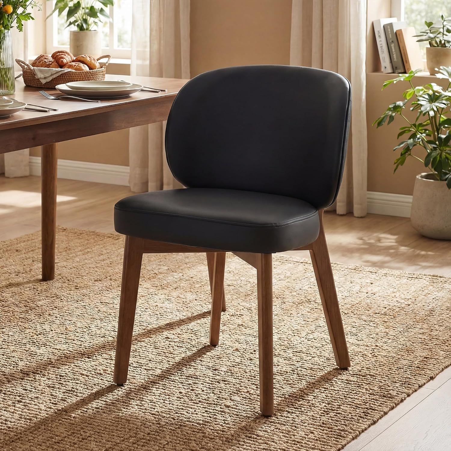 YOUNIKE Black Dining Chair with High Back Single Mid Century Modern Kitchen Chair Faux Leather Upholstered Armless Accent Chair 20' Wide Padded Seat with Soild Wooden Legs for Living Room Bedroom
