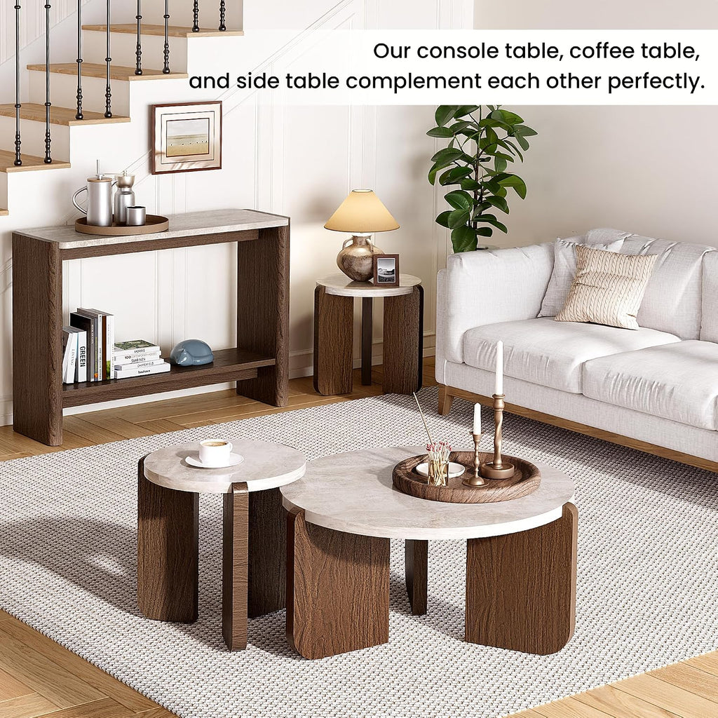 SUNBURY Modern Round Coffee Table with Sturdy Base, Wood Center Tables for Living Room Reception Room, Faux Marble Tabletop, Easy Assemble