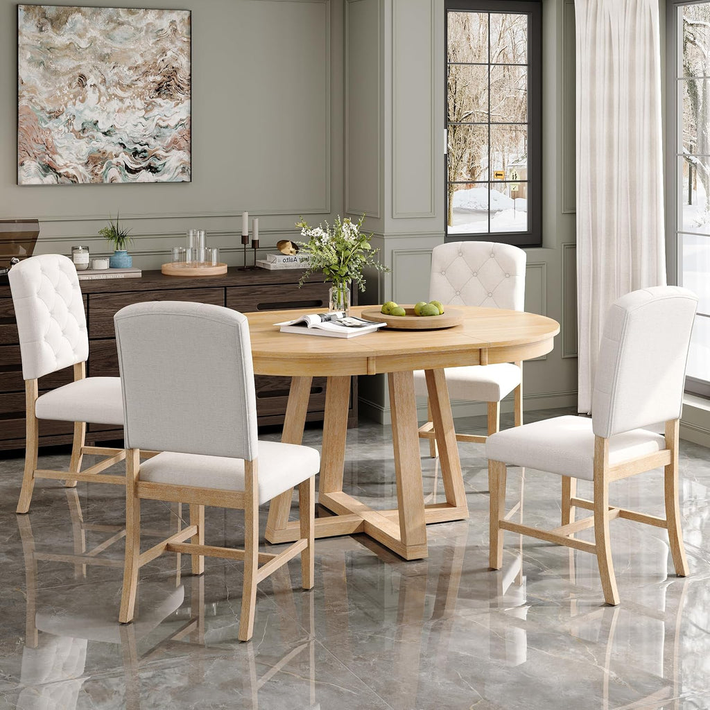 Bellemave 5-Piece Dining Table Set, Extendable Round Dining Table with 16' Removable Leaf, 4 Upholstered Button Tufted Chairs, Acacia Veneer Tabletop (Natural)