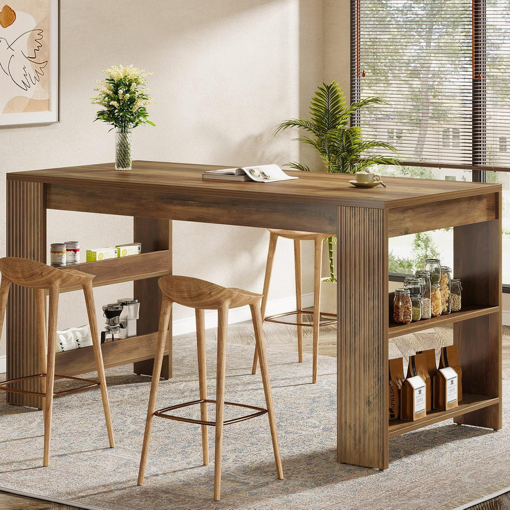 Tribesigns 63-Inch Bar Table, Farmhouse Counter Height Pub Table with Storage Shelves, High Top Bar Unit for Kitchen, Dining Room, Bistro, Brown Rustic