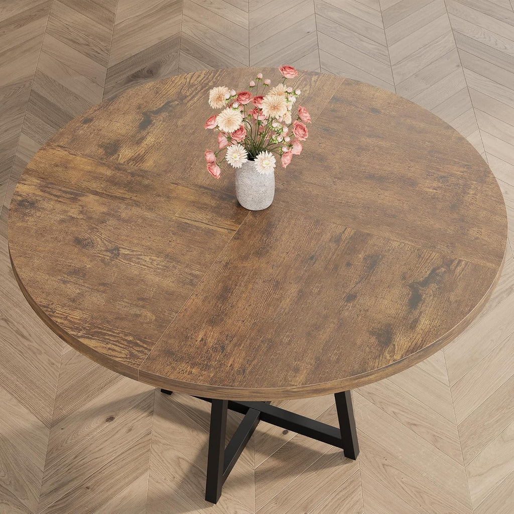 Garvee 47.2 in Round Dining Table for 4-6 People, Industrial Round Kitchen Table with Sturdy Metal Pedestal Base & Storage Shelf, Circle 4 Dinner Table for Dinner, Kitchen, Dining Room