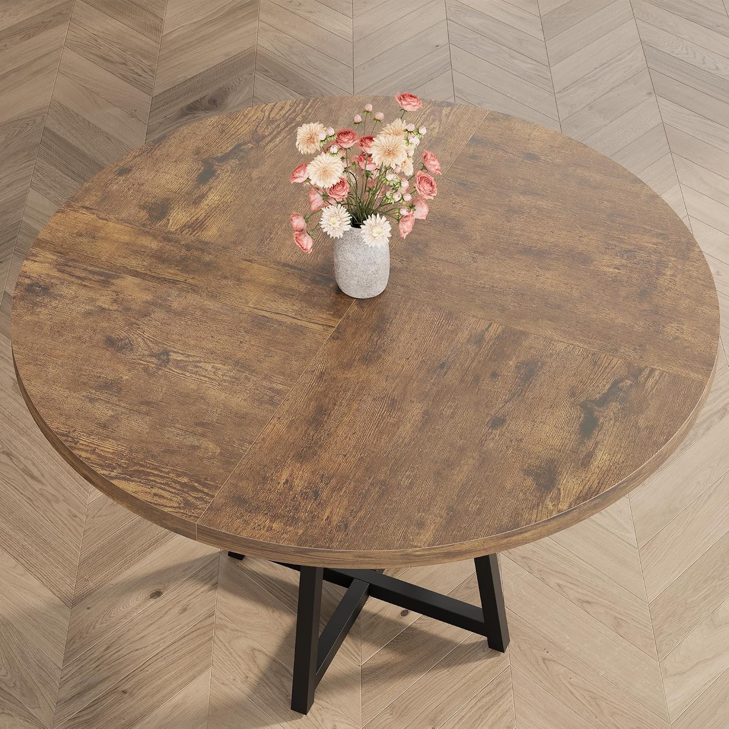 Garvee 47.2 in Round Dining Table for 4-6 People, Industrial Round Kitchen Table with Sturdy Metal Pedestal Base & Storage Shelf, Circle 4 Dinner Table for Dinner, Kitchen, Dining Room