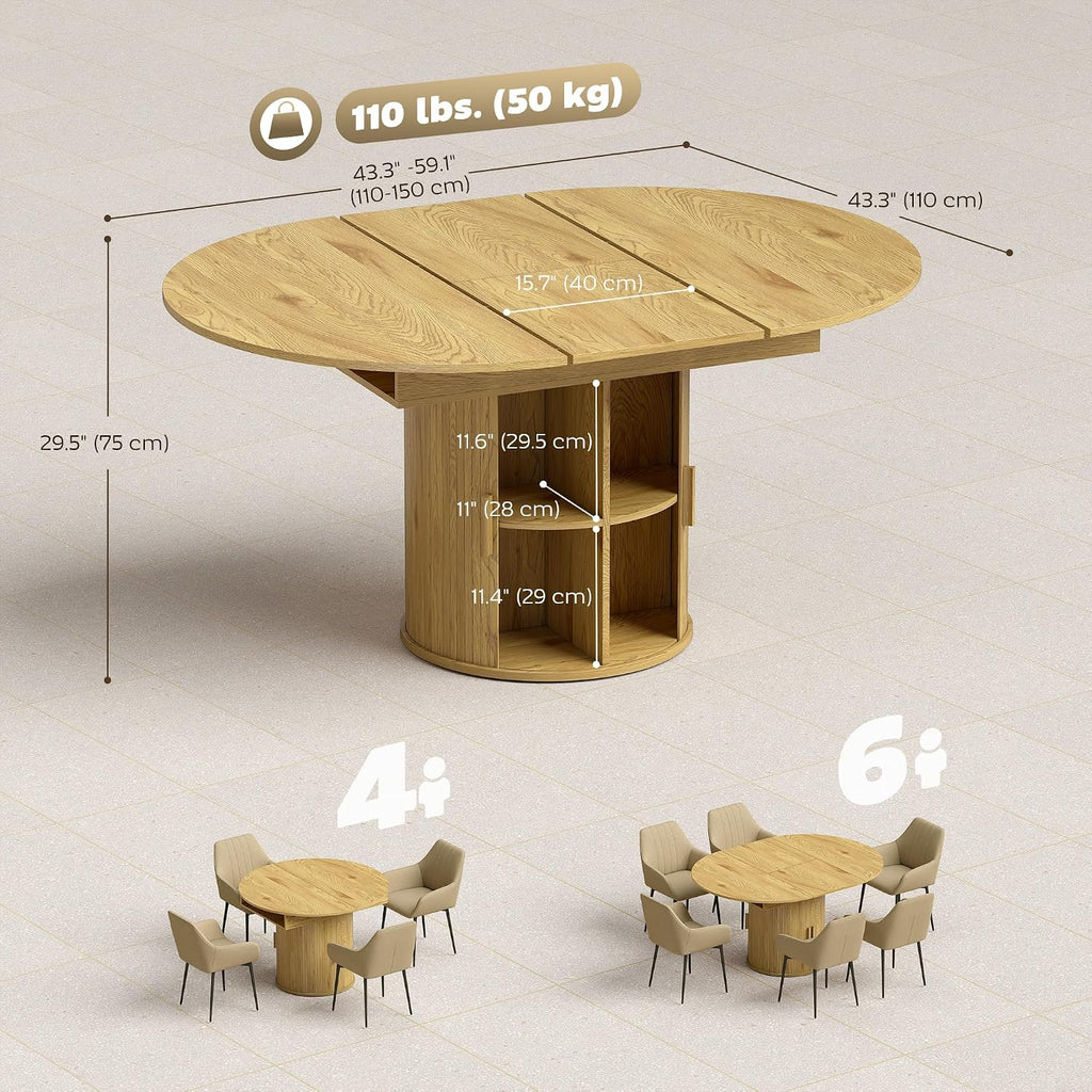 HOMCOM 43.3' to 59' Extendable Round Dining Table for 4-6, Farmhouse Transformer Dining Room Table with Removable Leaves, Circle Kitchen Table with Sliding Doors, Kitchen, Living Room, Natural Wood