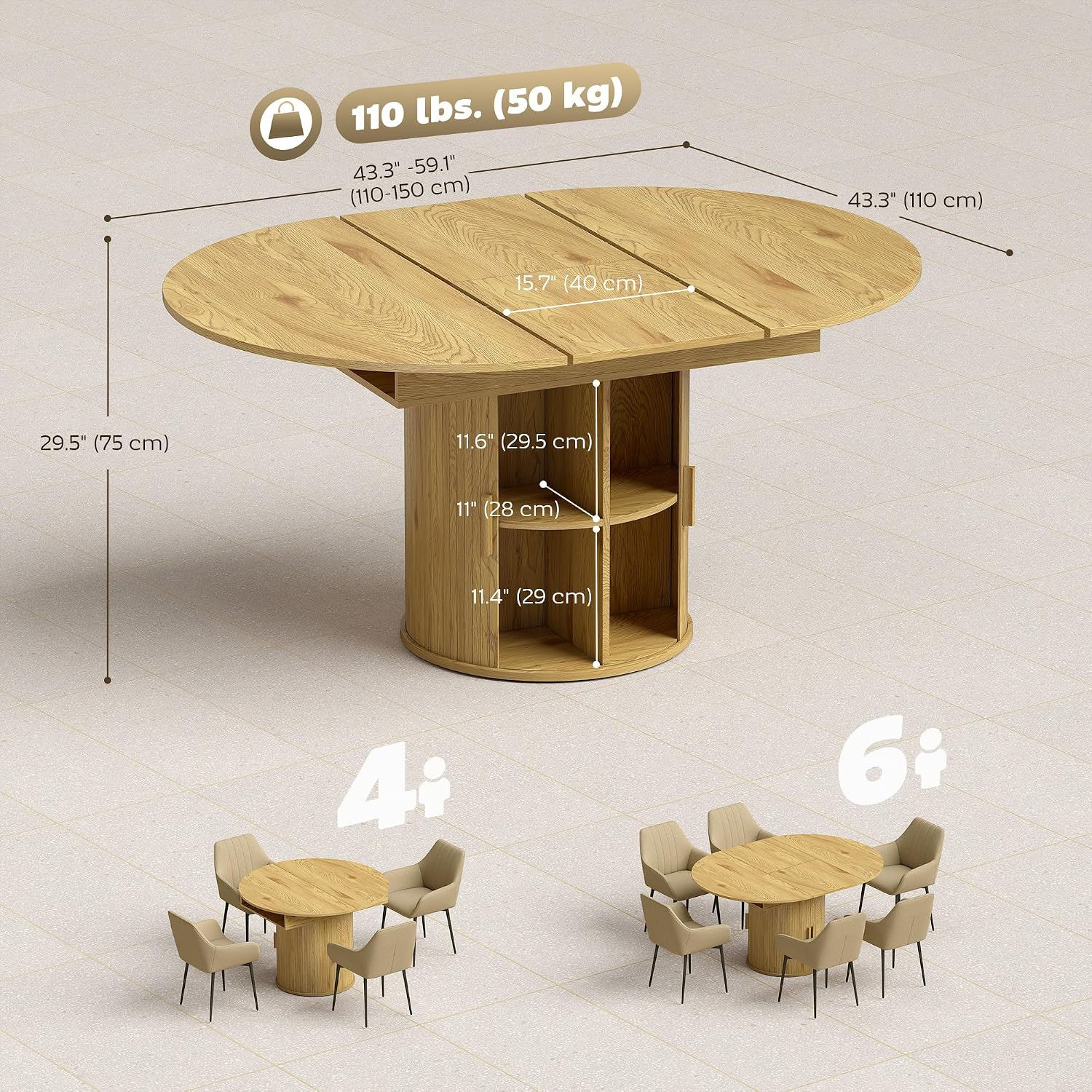 HOMCOM 43.3' to 59' Extendable Round Dining Table for 4-6, Farmhouse Transformer Dining Room Table with Removable Leaves, Circle Kitchen Table with Sliding Doors, Kitchen, Living Room, Natural Wood