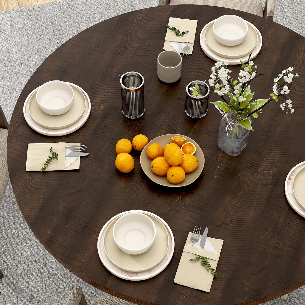 jiteentarou Round Wood Dining Table for Kitchen,Dining Room,Living Room,Farmhouse Dinner Tables W/Thickened Brown Waterproof Tabletop for 4 People,47 inch Rustic Kitchen Table W/Metal Support