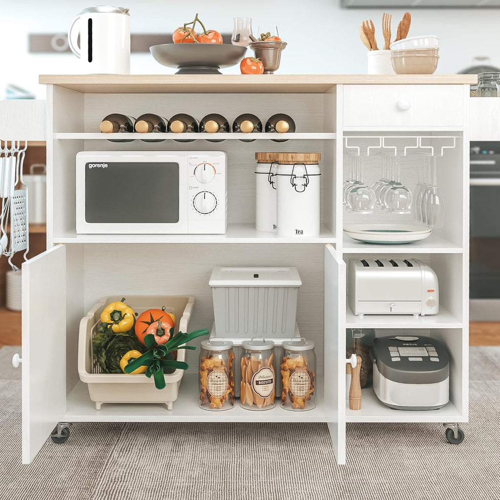 IRONCK Rolling Kitchen Island Cart with Drop-Leaf and Wine Rack, Microwave Rack Serving Cart on Wheels with Drawer & Shelves & Spice Rack & Cup Hanging, White