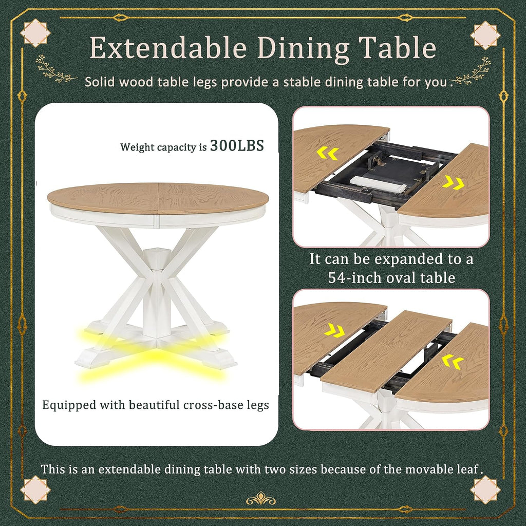 Bellemave Extendable Dining Table Set, 5-Piece Round Table Set with 4 Upholstered Chairs, Oval Kitchen Table Set with Extendable Table (Oak Natural Wood + Off White + Beige Cushions)