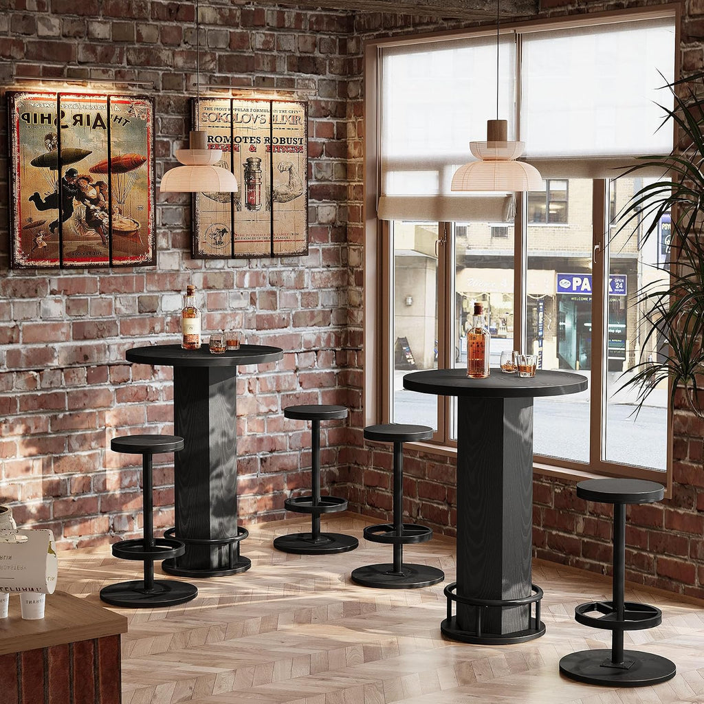 Tribesigns Round Commercial Dining Table Set of 4, 23.6' Heavy Duty Bar Table with Chairs, Wooden Kitchen Table for Restaurant, Cafe, Bakery, Apartment, Rustic Brown & Black