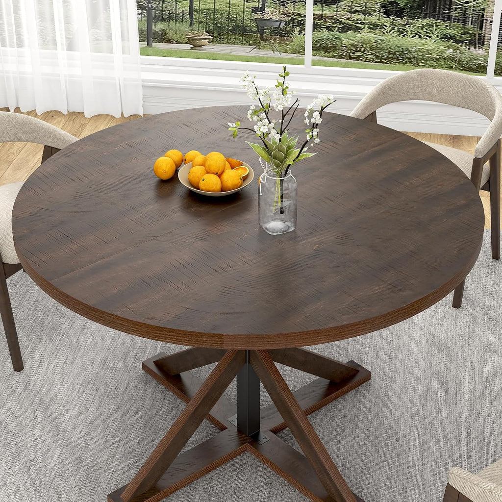 jiteentarou Round Wood Dining Table for Kitchen,Dining Room,Living Room,Farmhouse Dinner Tables W/Thickened Brown Wooden Waterproof Tabletop for 4 People,47 inch Rustic Kitchen Table W/Metal Support