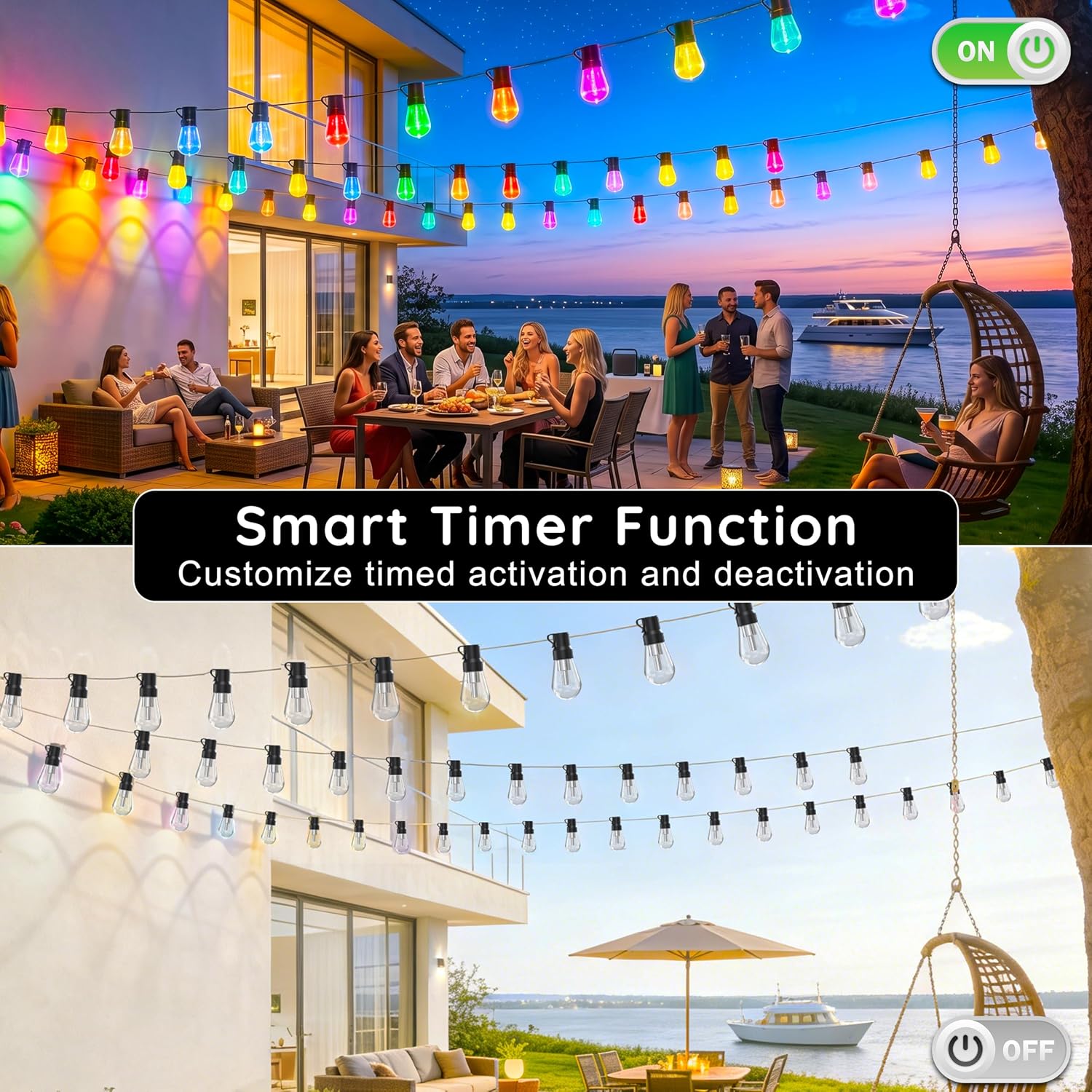 300FT RGB+IC Outdoor String Lights, Dimmable Shatterproof LED Bulbs, IP67 Waterproof DreamColor Chasing Lights, Multicolor Dynamic Lighting for Patio Balcony Garden & Outdoor Living Area Decoration