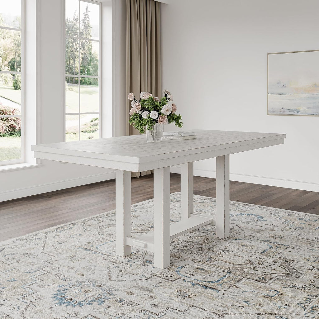Signature Design by Ashley Robbinsdale Farmhouse Distressed Counter Height Dining Extension Table with Trestle Base, Planked Effect and 2 Removable End Leaves, White