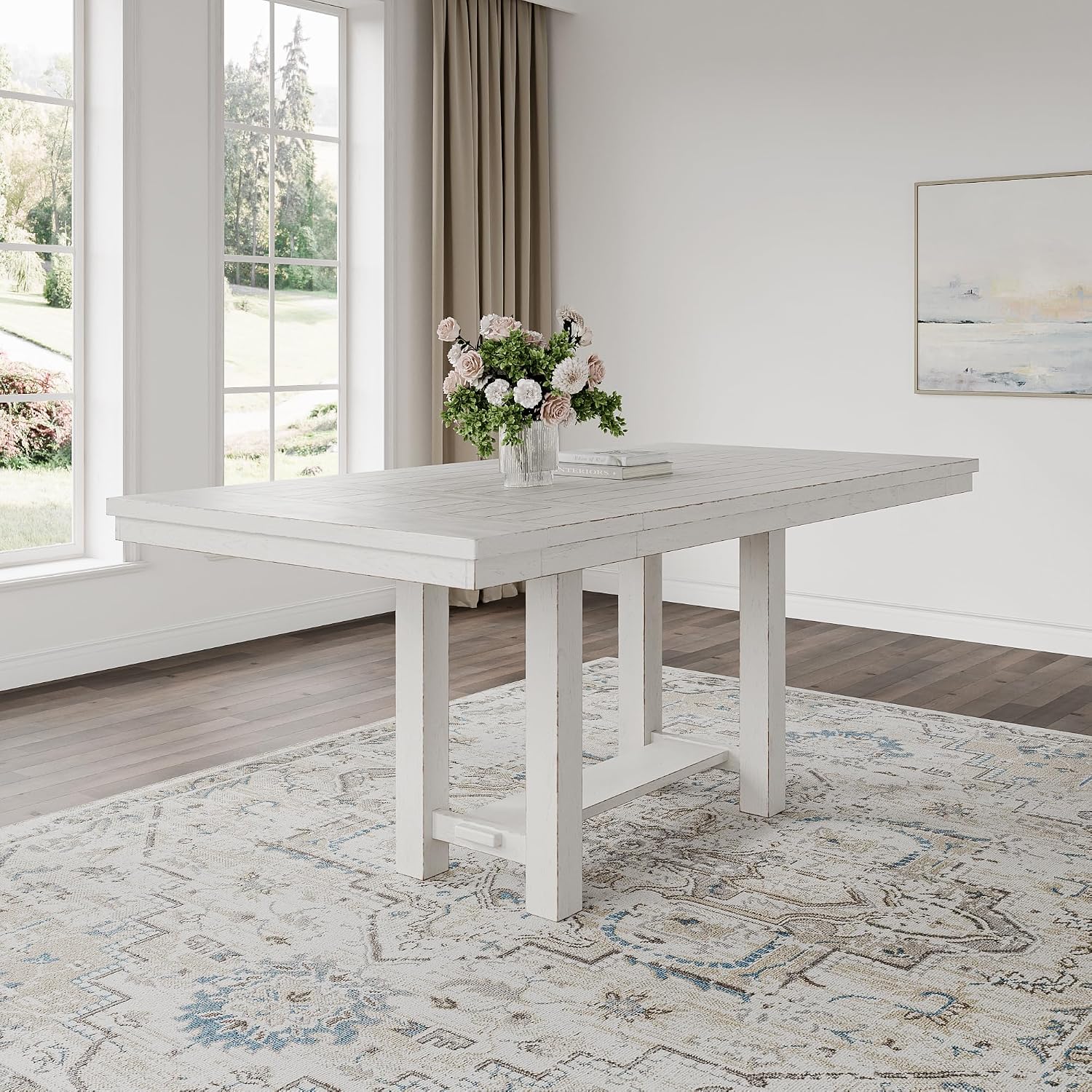 Signature Design by Ashley Robbinsdale Farmhouse Distressed Counter Height Dining Extension Table with Trestle Base, Planked Effect and 2 Removable End Leaves, White
