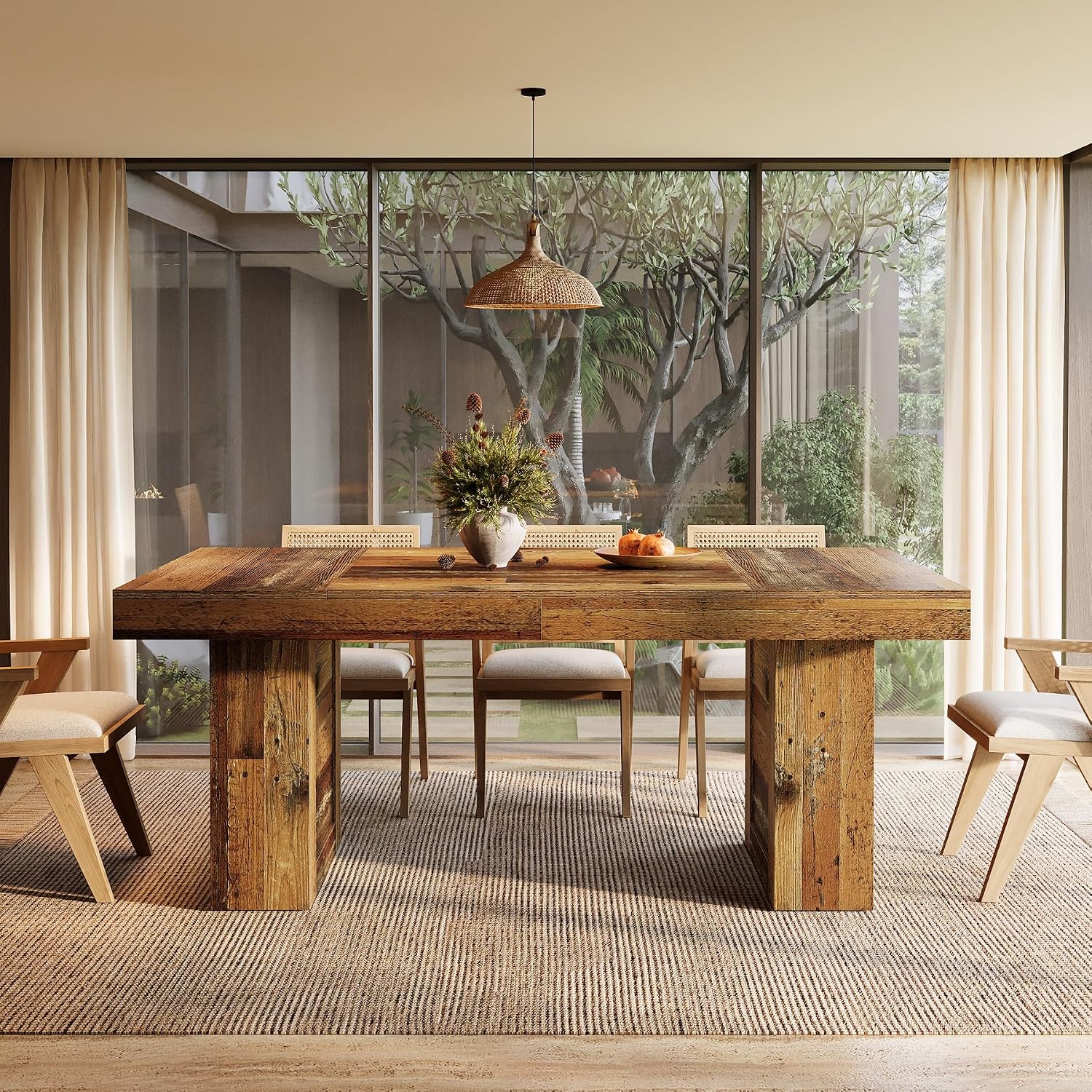 Tribesigns 63'' Farmhouse Dining Table for 6, Rectangle Wooden Kitchen Table with Heavy-Duty Legs, Rustic Large Dining Room Furniture for Family Meals, Banquets & Dinner Parties, Distressd Brown
