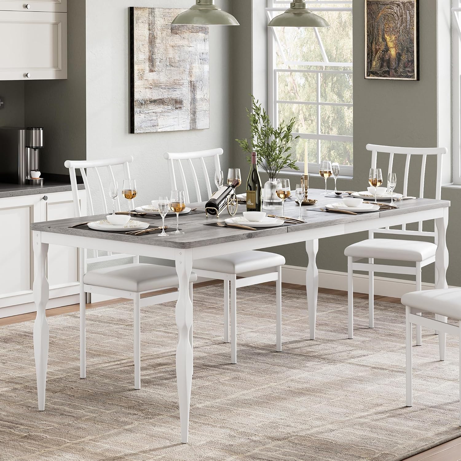 Garvee 71-Inch Modern Farmhouse Dining Table, Large Rectangular Kitchen Table for 6-8 People, Sturdy Wood Top with Unique Legs, Scratch-Resistant Dining Room Furniture for Party, Big Family, Grey