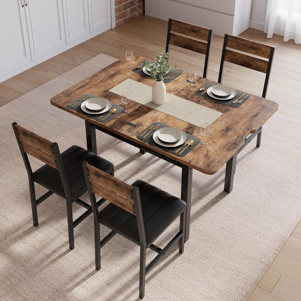 MapleGrace Dining Table Set for 4, Extendable Kitchen Table with 4 PU Leather Upholstered Dining Room Chairs, Wood Kitchen Table Set with Built-in Storage Rack for Dining & Small Spaces, Rustic Brown